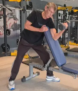 Showing an inage still from my Incline Preacher Curl video - grreat for mixing with the Seated Dumbbell Curl