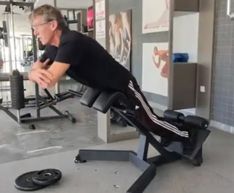 Shows the Hyperextension gym exercise for lower back - top position