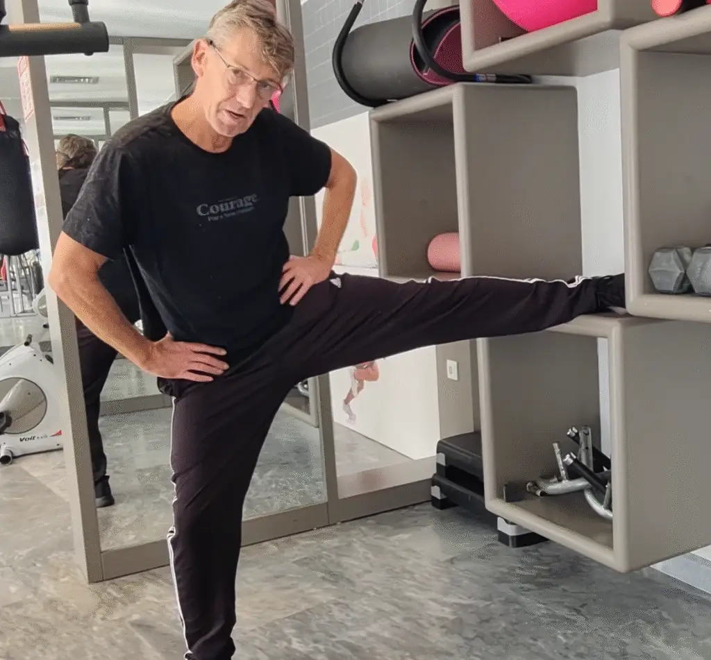 Shows a still image from my Shelf Groin Stretch video